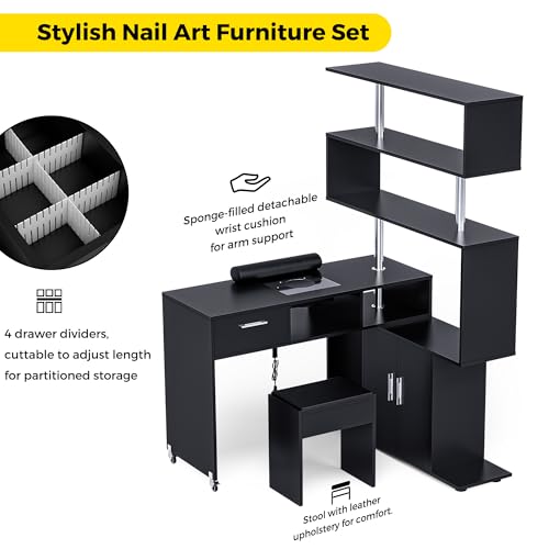 Kikihouse Manicure Table Nail Desk with Stool, Rotating L-Shaped Nail Tech Desk with Dust Collector, Two-Way Drawer, Cabinet & Storage Shelves, Reversible Manicure Workstation on Wheels (Black) - color: Black