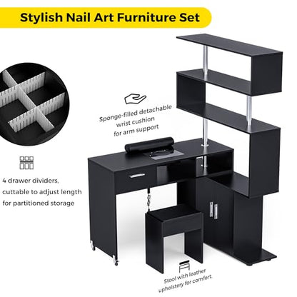 Kikihouse Manicure Table Nail Desk with Stool, Rotating L-Shaped Nail Tech Desk with Dust Collector, Two-Way Drawer, Cabinet & Storage Shelves, Reversible Manicure Workstation on Wheels (Black) - color: Black