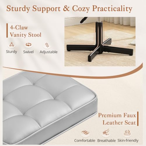 LUE BONA Adjustable Vanity Stool, 15''-19.5'' Foot Rest Under Desk, 360° Swivel Vanity Chair for Makeup Room, Silver Upholstered Faux Leather Ottoman for Bathroom & Living Room, 300lbs - color: Silver
