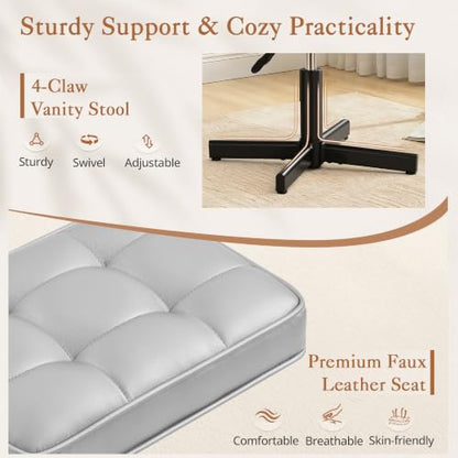 LUE BONA Adjustable Vanity Stool, 15''-19.5'' Foot Rest Under Desk, 360° Swivel Vanity Chair for Makeup Room, Silver Upholstered Faux Leather Ottoman for Bathroom & Living Room, 300lbs - color: Silver