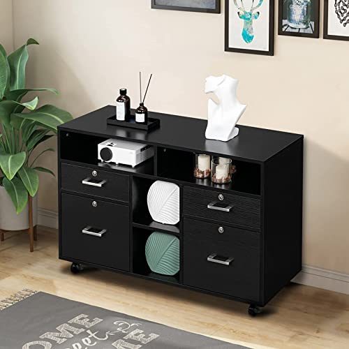 VINGLI Wood Mobile File Cabinet with 4 Drawers and Shelves, Printer Stand with Open Storage, Locking Lateral Filing Cabinet for Home Office, Black - color: Black