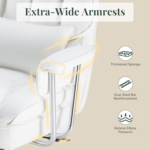 Executive Ergonomic Office Chair for Adults, Home Office | PU Leather, High Back Reclining Gaming Chair with Footrest and Lumbar Support, Height Adjustable Rolling Swivel, White - color: White