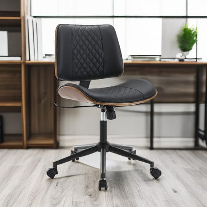 BV Small Desk Chair, Mid Century Office Chair with Bentwood Back, Armless Task Swivel Chair with Wheels, Mid Back No Arms, Faux Leather Office Chairs for Small Space, Black - color: Black, size: MCM Style