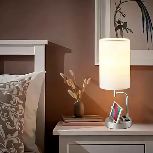 Dreamholder Touch Control USB Table Lamp, Upgraded 3-Way Dimmable Bedside Desk Lamp with USB C & A Charging Ports and AC Outlet, Nightstand Lamp for Bedroom, Dimmable Bulb Included, Silver - style: White shade+Silver base
