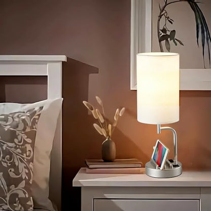 Dreamholder Touch Control USB Table Lamp, Upgraded 3-Way Dimmable Bedside Desk Lamp with USB C & A Charging Ports and AC Outlet, Nightstand Lamp for Bedroom, Dimmable Bulb Included, Silver - style: White shade+Silver base