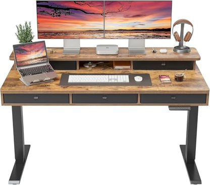 FEZIBO Height Adjustable Electric Standing Desk with 5 Drawers, 55 x 24 Inch Table with Storage Shelf, Sit Stand Desk Black Frame/Rustic Brown Top, 55 inch