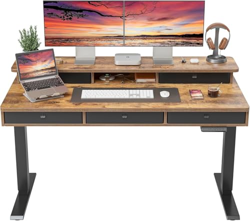 FEZIBO Height Adjustable Electric Standing Desk with 5 Drawers, 55 x 24 Inch Table with Storage Shelf, Sit Stand Desk Black Frame/Rustic Brown Top, 55 inch