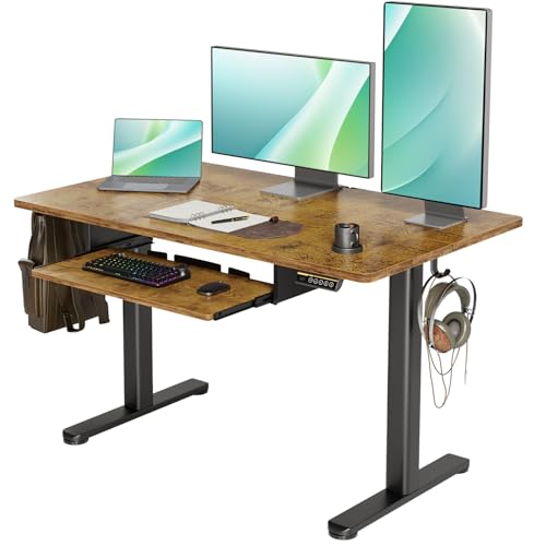 YDN Standing Desk 48 Inch Computer Desk with Keyboard Rustic Brown | Ergonomic desk for home office and gaming, 28.3 to 46.5 inch electric height adjustment, 176 lbs capacity - color: Rustic Brown