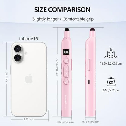 N21 Bluetooth Presentation Clicker for PowerPoint with Retractable Pointer | ①Laser Pointer②Telescopic touch pen③Countdown timer, vibration alert ④Customizable Button ⑤Rechargeable;battery level display - color: Pink - Red Pointer