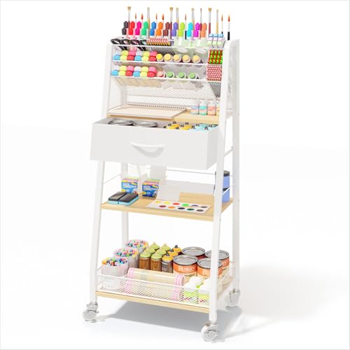 Homsorout 3 Tier Rolling Cart - Metal Utility Cart with Storage Drawer and Wheels, Versatile Art & Craft Organizer for Home, Office, or Studio - Ideal for Storing Brushes, Paints, and Supplies（Maple） - color: Maple