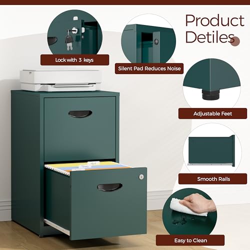 2 Drawer File Cabinet with Lock, Metal Filing Cabinet for Office | Small File Cabinets for Home Office, Under Desk Vertical File Cabinet Fit Hanging Files, Letter & A4 Documents - color: Green, style: 2 Drawers-Light Duty