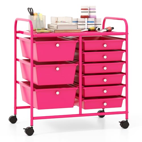 Giantex 9 Drawers Rolling Cart, Classroom Organizers, Storage Cart with Wheels, for Teacher Office Home School Supplies Tool Craft Art Paper, Hot Pink - color: Hot Pink, size: 9 Drawers (3 Big +6 Small)