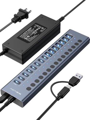 ACASIS 16 Ports Powered USB 3.2 Hub (8 USB-A 3.2 +8 USB-C 3.2), 10Gbps | Individual On/Off Switch for Each Port • Aluminum Housing • Better Heat Dissipation • Plug & Play • 96W Power Adapter - color: Gray