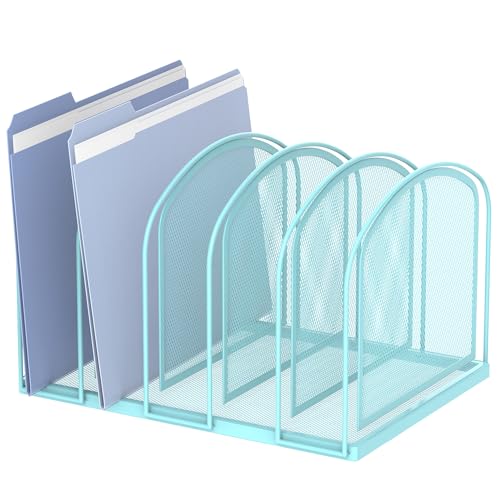 File Organizer 5-Section Mesh Desk Organizer, Upright File Organizer Desktop Organizer File Sorter, File Folder Holder for Office Supplies, Blue | 5 Vertical Compartments with Sturdy Metal Base for Office Documents Books Magazines and Laptop - color: Blue