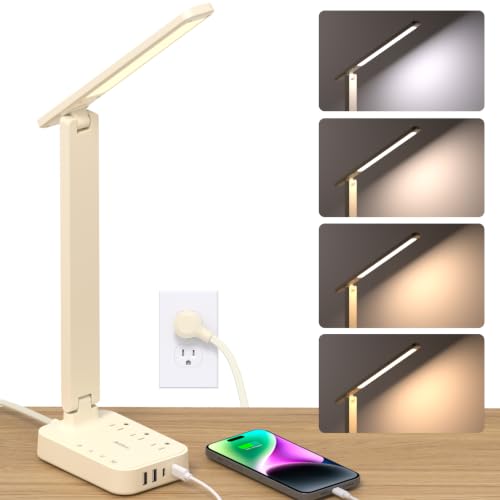 Addtam LED Desk Lamp, Power Strip with 3 Outlets 4 USB Charging Ports(2 USBC), 4 Modes 5 Level Brightness Touch Lamp, Small Desk Lamp for Home Office College Dorm Room Essentials, Cream - color: Cream, size: 5 FT