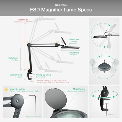 ESD Safe (Glass Lens) Professional LED Magnifying Lamp with Clamp (8 Diopter, 3X) Work Light, 4 Brightness Levels, Daylight Bright, 1200 Lumens, 5600K-6000K, Matte Black, BoliOptics MG16303322