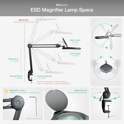 ESD Safe (Glass Lens) Professional LED Magnifying Lamp with Clamp (8 Diopter, 3X) Work Light, 4 Brightness Levels, Daylight Bright, 1200 Lumens, 5600K-6000K, Matte Black, BoliOptics MG16303322