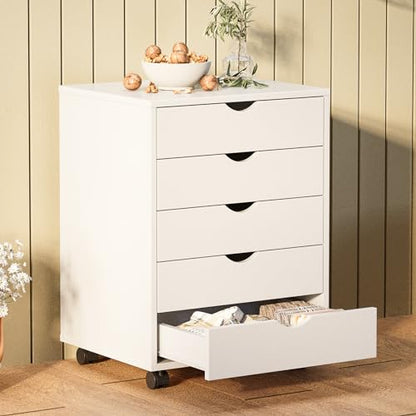 Sweetcrispy 5 Drawers Rolling Storage Cabinet, Mobile Wood Under Desk Drawer Organizer Chest with Wheels, Vertical Storage Unit for Home Office, Craft Room & Kitchen, White