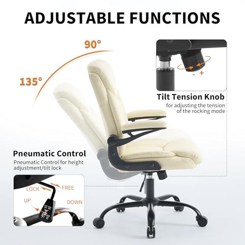 Ergonomic Home Office Chair PU Leather Comfy Computer Chair, Beige | Flip-up Armrest, Height Adjustable, Lumbar Support, 360° Swivel Wheels Managerial Executive Chairs for Work Gaming Home Use - color: Beige