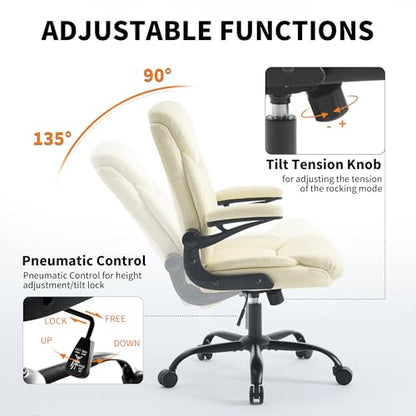 Ergonomic Home Office Chair PU Leather Comfy Computer Chair, Beige | Flip-up Armrest, Height Adjustable, Lumbar Support, 360° Swivel Wheels Managerial Executive Chairs for Work Gaming Home Use - color: Beige