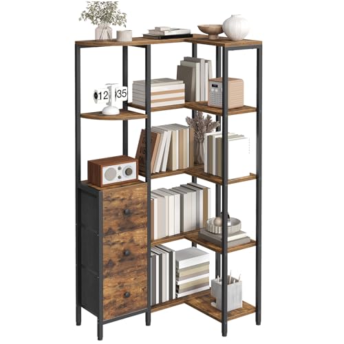 Corner Bookshelf, 5-Tier L-Shaped Bookcase with 3 Fabric Drawers, Storage Display Shelf, Freestanding Tall Open Shelf, for Living Room, Bedroom, Home Office, Rustic Brown SJ12BR - color: Rustic Brown + Black