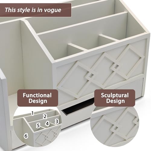 White Wooden Mail Organizer with Drawer, Three Tiered Desk Accessories for Office Organization and Storage, Stylish Countertop Document Storage, Home/Office/Classroom Supplies (White02) - style: White02