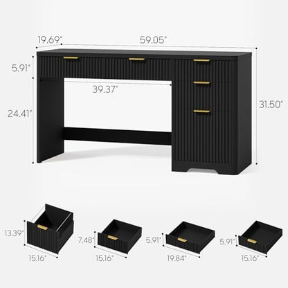 Vabches 59" Fluted Executive Desk with Adjustable File Drawer, Pure Black | Workstation,Computer Desk with 4 Storage Drawers, for Home Office, Study, Writing