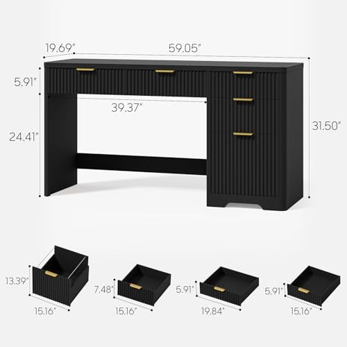 Vabches 59" Fluted Executive Desk with Adjustable File Drawer, Pure Black | Workstation,Computer Desk with 4 Storage Drawers, for Home Office, Study, Writing