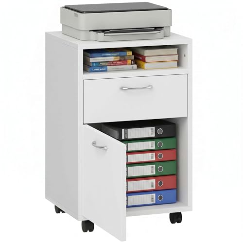 HOMCOM Mobile Storage Cabinet Organizer, Bathroom Drawer Cabinet, White | Printer Stand, Castors - color: White