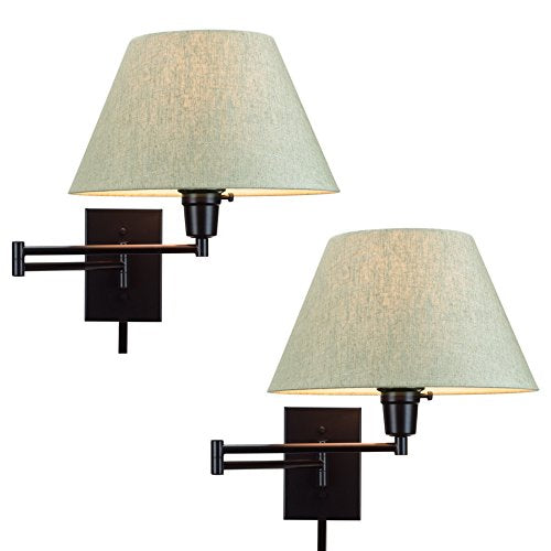 Kira Home Cambridge 15" Modern Swing Arm Wall Sconce + 3-Way Switch, 2-Pack | Latte Mocha Empire Fabric Shade, 2-in-1 Plug In or Hardwired Bedroom Wall Lamp, Black Finish - color: Black,Latte Mocha Shade,2-Pack
