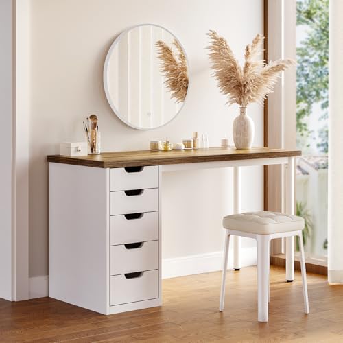 LITTLE TREE Computer Desk with 5 Drawers, 47 Inch Modern Simple Study Writing Desk with Metal Frame, Work Desk for Home Office, Rustic Brown and White - color: Rustic Brown and White