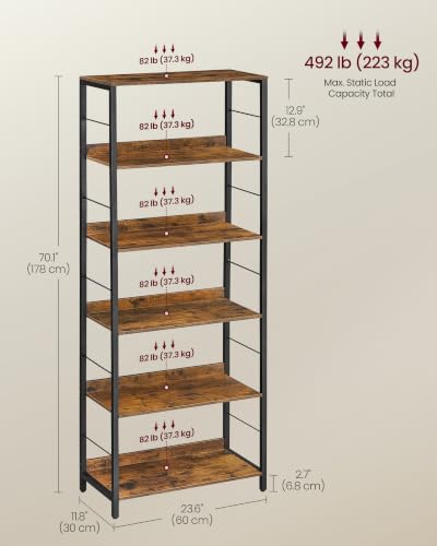 VASAGLE 6-Tier Bookshelf, Bookcase with Shelves, Storage Shelf, Living Room - color: Rustic Brown + Ink Black, size: 6 Tiers (11.8"D x 26"W), style: With Back Panels