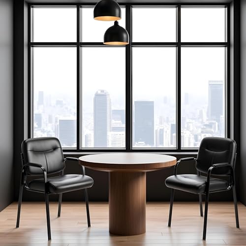 HealSmart Office Reception Guest Chair Set of 2 with Leather Padded Arm Rest for Waiting Room, Meeting Conference, Lobby Home Desk Table Side Chairs for Elderly, Seniors, Black - size: Leather Chairs 2 Pack-Inky