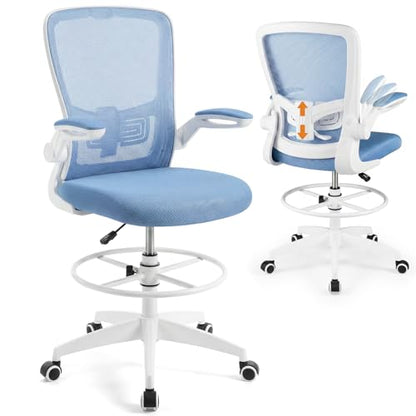 COSTWAY Drafting Chair with Flip-up Armrests & Adjustable Foot Ring, 1 Pack - color: Blue