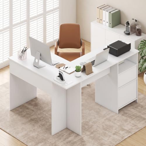 Tangkula 59” L-Shaped Executive Desk w/Power Outlets, Home Office Desk - color: White
