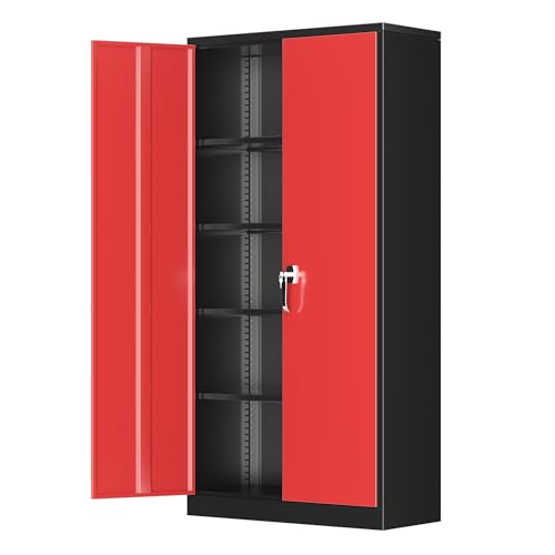 Greenvelly Metal Storage Cabinet with Doors and Adjustable Shelves,72" Black Red Locking Steel Garage Cabinet with Lock, Metal Tool Cabinets for Garage,Home Office,School - color: Black Red, size: 72" Storage Cabinet