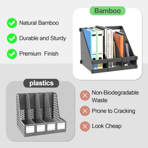 Bamboo Desk File Organizer, 3-Compartment Magazine Holder(Black) | 3 vertical compartments organize files, folders, magazines and mail while saving valuable desk space. - color: Black