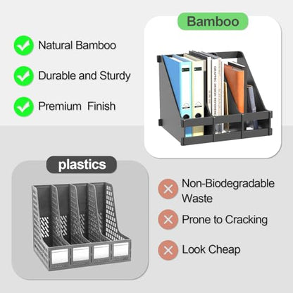 Bamboo Desk File Organizer, 3-Compartment Magazine Holder(Black) | 3 vertical compartments organize files, folders, magazines and mail while saving valuable desk space. - color: Black