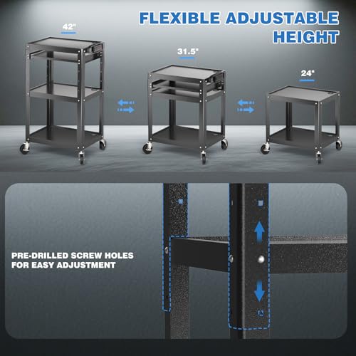 POCHAR Steel AV Cart on Wheels - Rolling Projector Cart with Height Adjustable Shelf, Pullout Keyboard Tray, Power Strip, Cord Management - Mobile Media Carts Computer Workstation for Office Classroom - style: 3 Shelf with Keyboard Tray (AV-J)