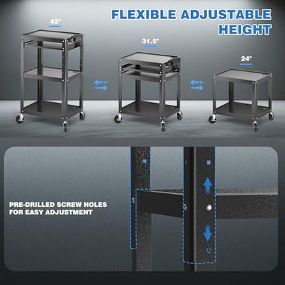 POCHAR Steel AV Cart on Wheels - Rolling Projector Cart with Height Adjustable Shelf, Pullout Keyboard Tray, Power Strip, Cord Management - Mobile Media Carts Computer Workstation for Office Classroom - style: 3 Shelf with Keyboard Tray (AV-J)