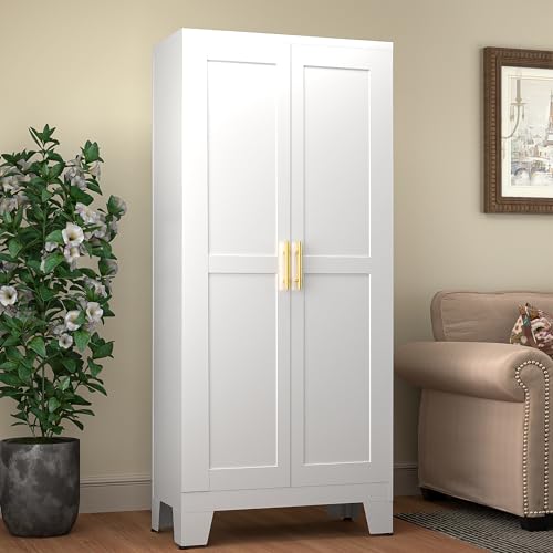 GAIOUS 61.02" Pantry Cabinet, Kitchen Pantry Storage Cabinets with Adjustable Shelves and Feet, White Pantry Storage Cabinet for Kitchen, Dining Room, Living Room and Bathroom (White) Metal - color: White, size: 13.78"D x 27.55"W x 61.02"H