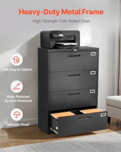 VEVOR 4 Drawers Metal File Cabinet, Vertical Filing Cabinet with Lock and Adjustable Hanging Rod, Tall Filing Storage Cabinets for Home and Office Fit Letter, A4, Legal Size File, Easy Assembly, Black