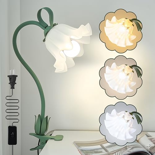 Clip on Light Flower Desk Lamp, LED Reading Light 3 Color Modes Eye-Caring Book Light Flexible Gooseneck Bedside Clip on Lamp for Desk Piano Office Bed Headboard Dorm (Green Lamp) - color: Green Lamp