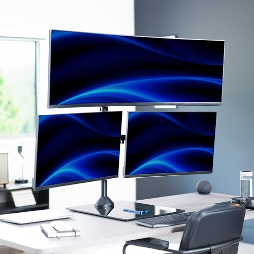 VIVO Triple Monitor Extra Tall Desk Stand for up to 49 inch Ultrawides on Center Bracket and 27 inch Screens on Side Brackets, Holds up to 44 lbs, Tempered Glass Base, Black, STAND-V103T-GB