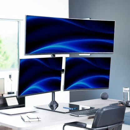 VIVO Triple Monitor Extra Tall Desk Stand for up to 49 inch Ultrawides on Center Bracket and 27 inch Screens on Side Brackets, Holds up to 44 lbs, Tempered Glass Base, Black, STAND-V103T-GB