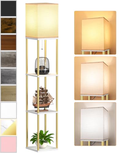 Floor Lamp with Shelves, Modern Corner Display Standing Column Shelf Lamp Etagere Organizer Tower Nightstand with White Linen Shade for Living Room, Bedroom and Office, Marble White and Gold Poles - color: Marble White+Gold