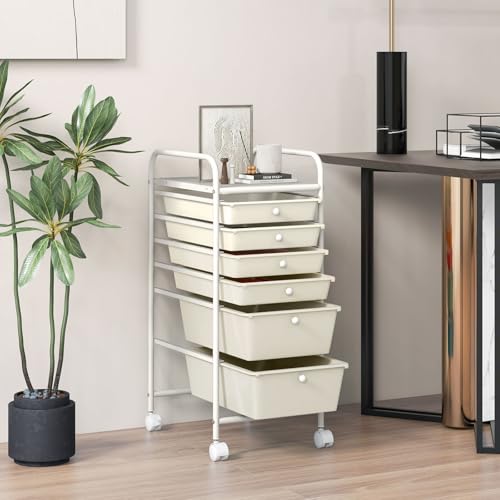 6-Tier Rolling Cart with Drawers, Storage Cart with Universal Wheel & Metal Frame, Multipurpose Mobile Trolley Utility Cart for Small Space Makeup School Office Play Room(White)