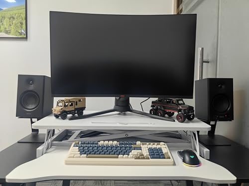 31.5 inch Standing Desk Converter, White Adjustable Desktop Stand Up Desk Riser, Dual Monitor and Laptop Workstation with Wide Keyboard Tray, Ergonomic Desks for Home or Office (White)