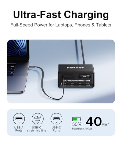 Retractable Charger, 6-in-1 210W GaN USB C Charging Station for Multiple Devices, Dual 2.3ft Built-in Retractable Cables, PD 45W Fast Usbc Desktop Charger for iPhone 17/16/15, Galaxy S26, and More
