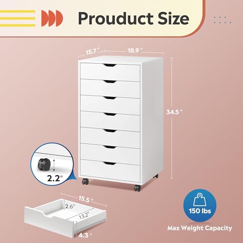 DEVAISE 7-Drawer Office File Cabinets, Mobile Craft Storage Cabinet, White - color: White, size: 15.7"D x 18.7"W x 34.5"H